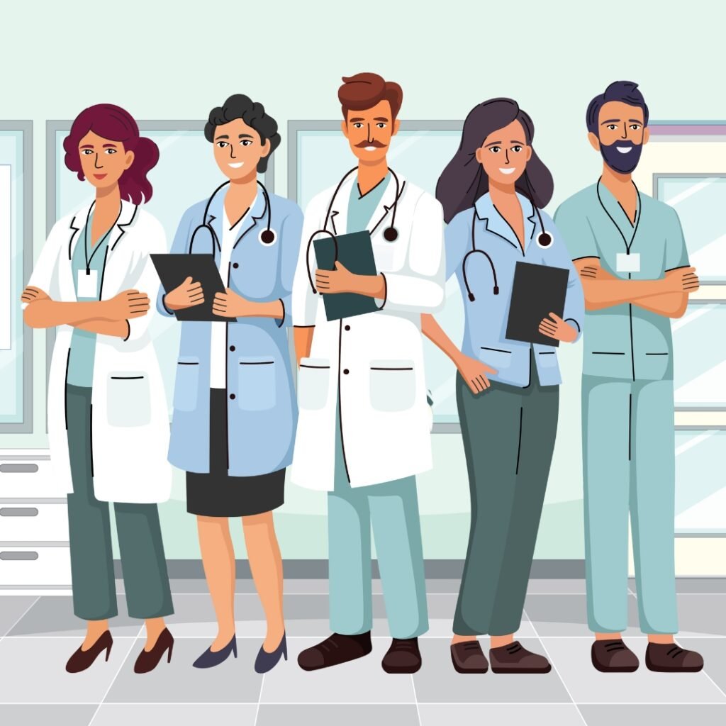 A diverse and confident team of male and female doctors standing together in a hospital setting, representing MedEase Health.